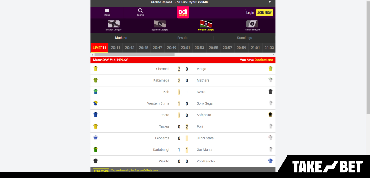 OdiBets League virtual football betting (screenshot)