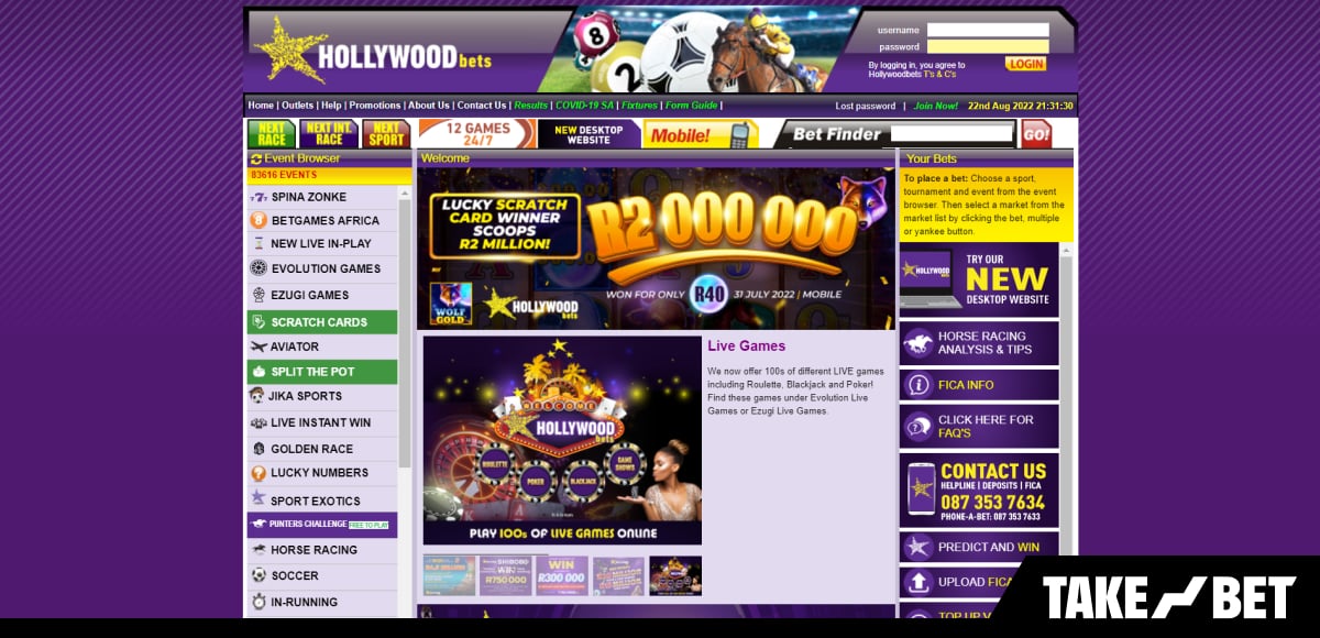 Hollywoodbets South Africa homepage (screenshot)