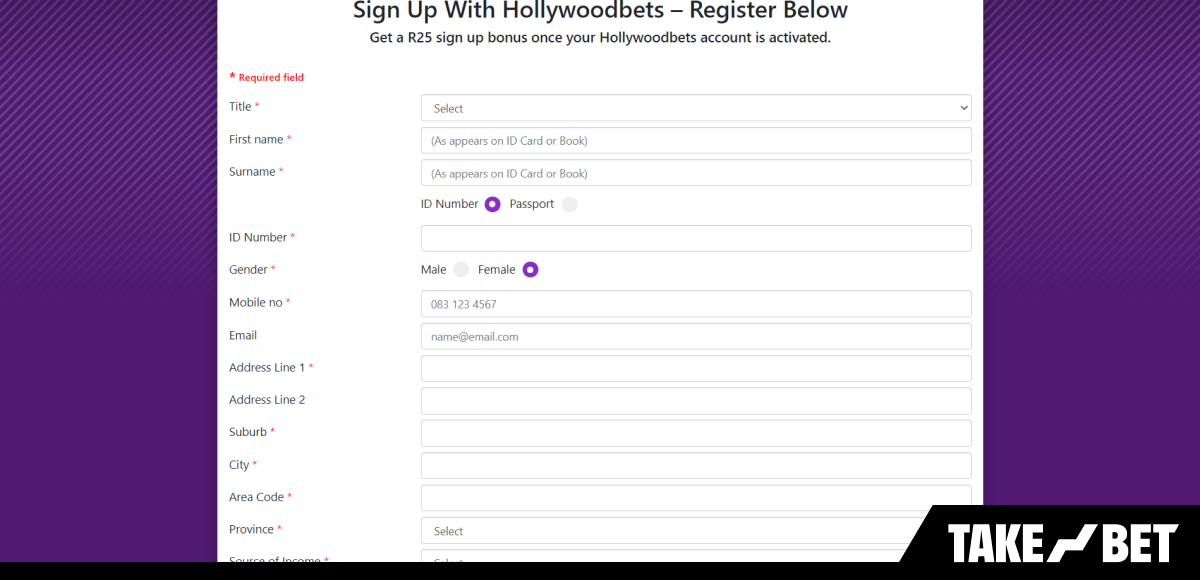 Hollywoodbets South Africa registration (screenshot)
