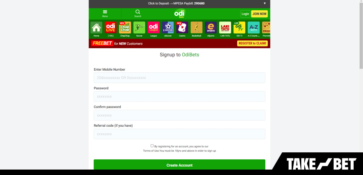 OdiBets registration form (screenshot)