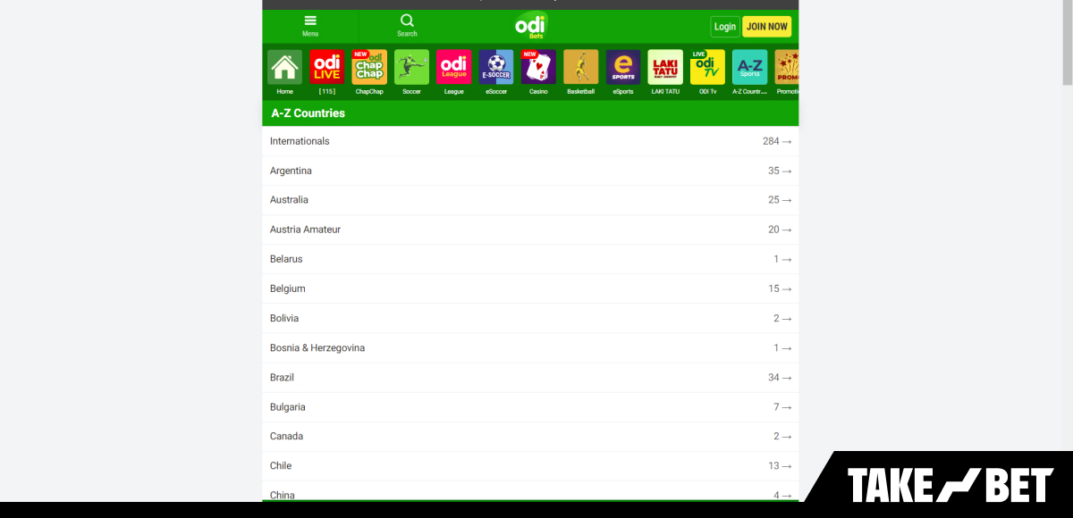 OdiBets sports and tournaments selector (screenshot)