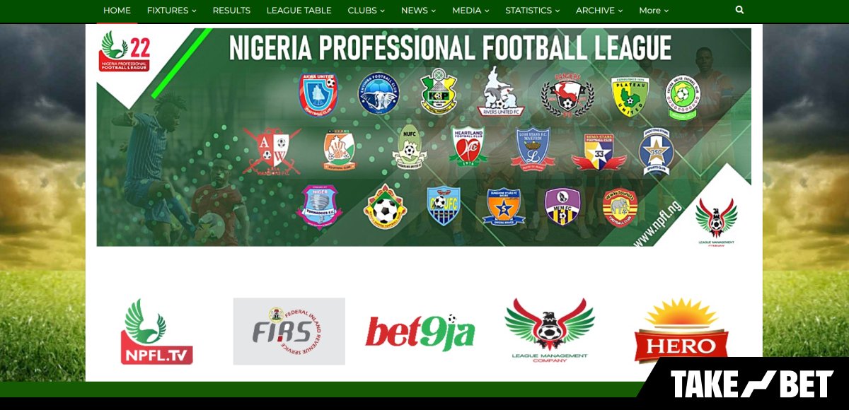 Bet9ja NPFL sponsorship 2022 (screenshot of NPFL website with Bet9ja logo)